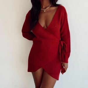 Princess Polly Burgundy Red Phenix Wrap Mini Sweater‎ Dress Women's Size XS/S